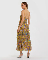 Yellow Floral Strapless Ruffle Maxi Dress