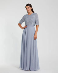 Blue Chiffon Gown w/ Fully Beaded 3/4 Sleeve Top