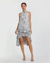 Multicolor Floral High Neck Keyhole Ruffle Mini Dress