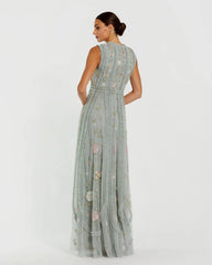 Green Floral Mesh Sleeveless A Line Micro Ruffle Gown