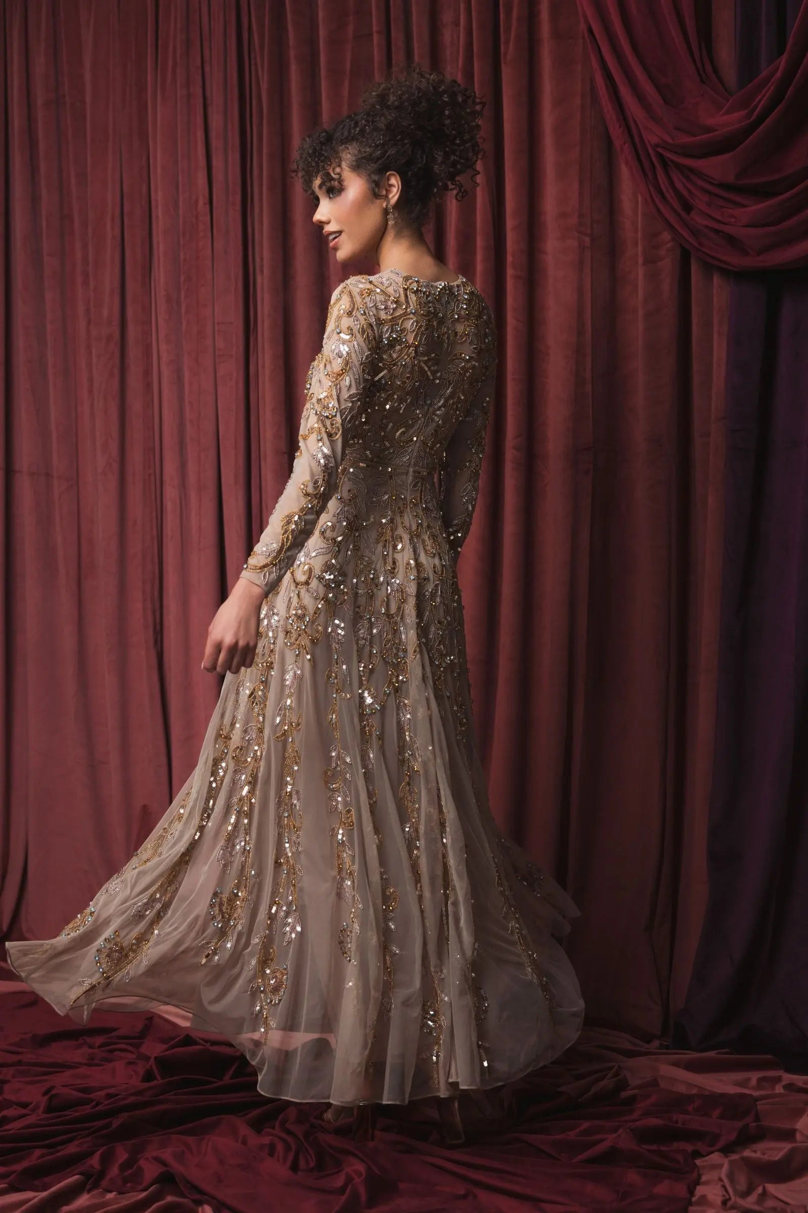 Beige Long Sleeve Hand Embellished Gown