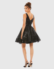 Black Sequin V Neck Fit & Flare Mini Dress