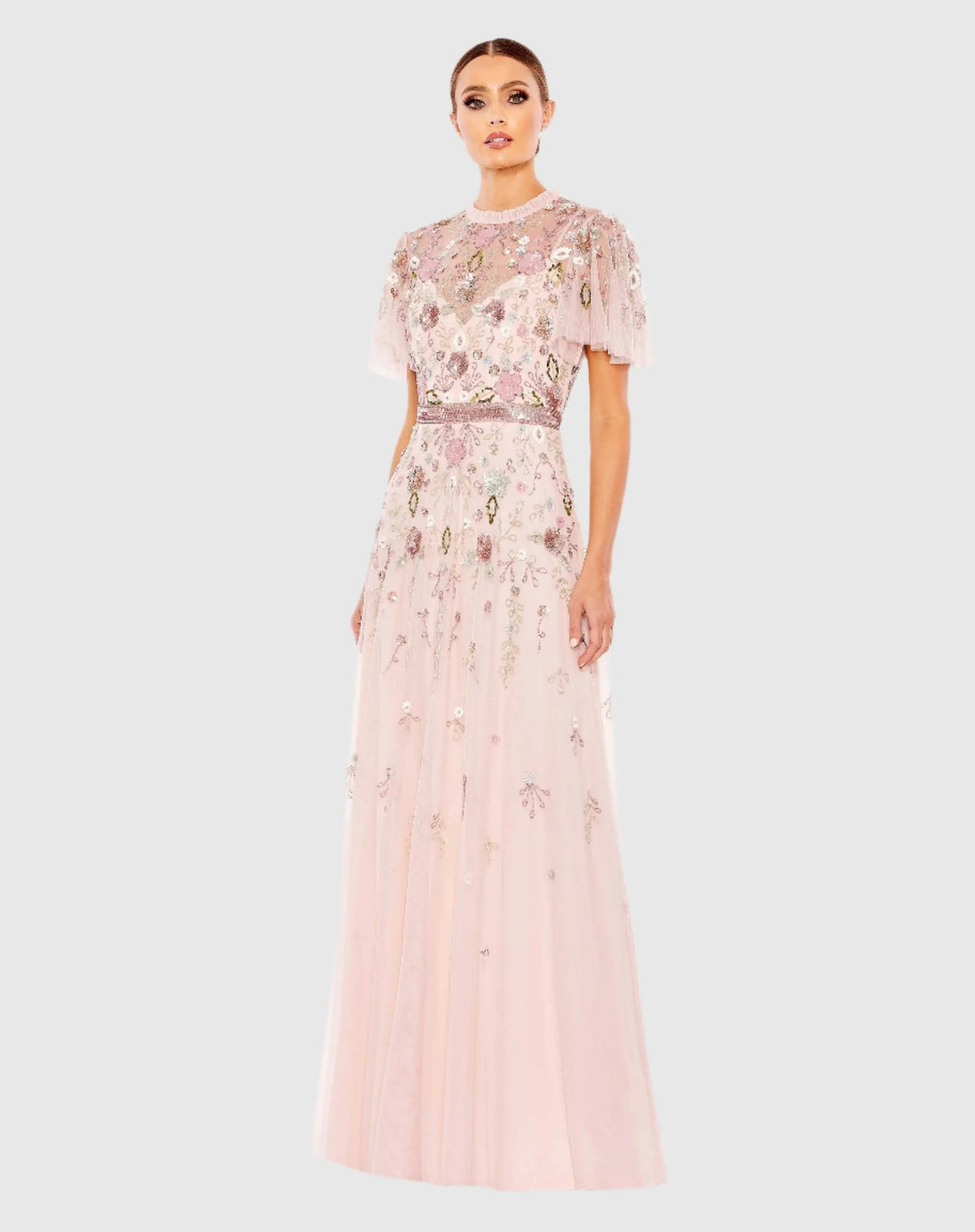 Pink Embellished High Neck Butterfly Sleeve Gown
