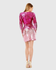 Pink Long Sleeve Ombre Sequin Mini Dress