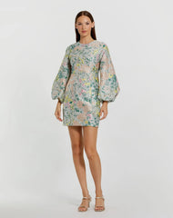 Multicolor Floral Brocade Puff Sleeve Fitted Mini Dress