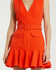 Orange Sleeveless Crepe Mini Dress With Belt And Front Pockets