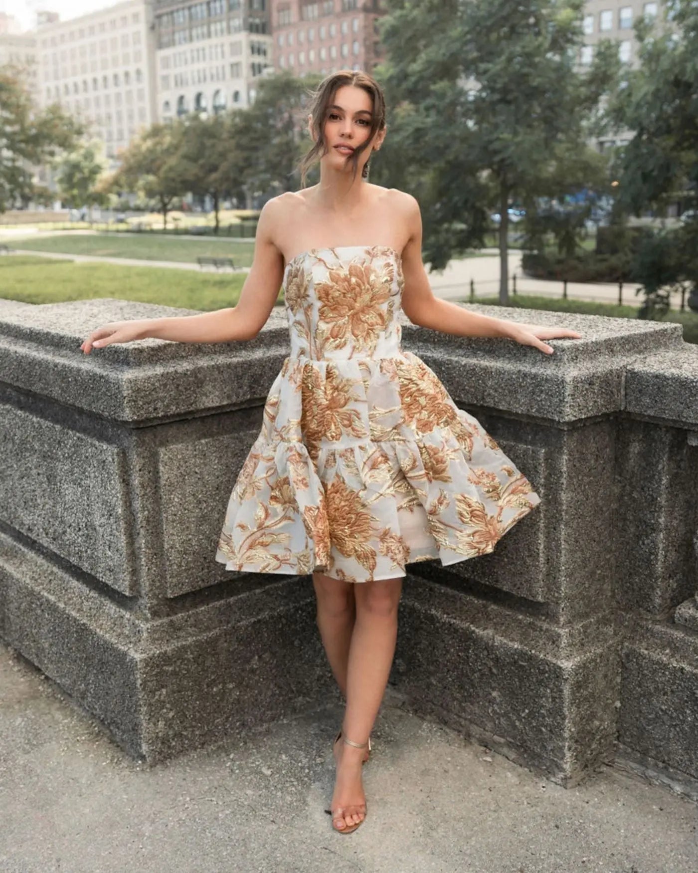 Gold Strapless Brocade Mini Dress with Pockets